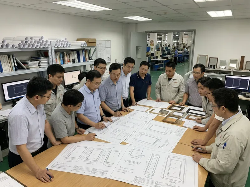 Livewellcraft engineering team reviewing technical mirror frame drawings