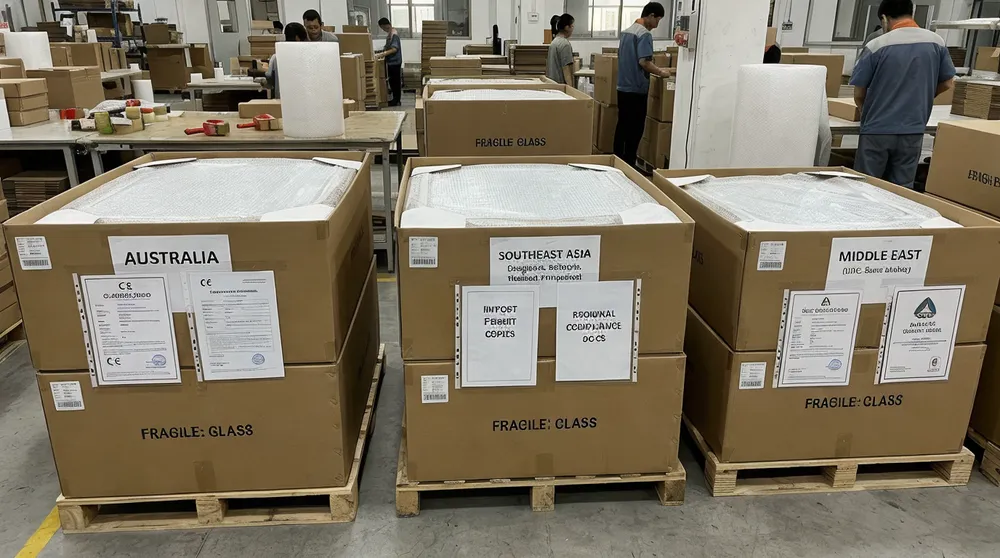 Decorative mirrors prepared for Australia, Southeast Asia, and Middle East markets with regional compliance documentation