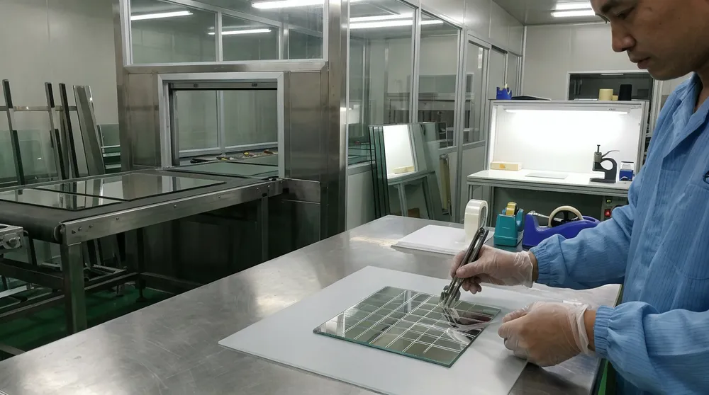 Cross-cut tape testing for silver coating adhesion on climate-controlled silvering line