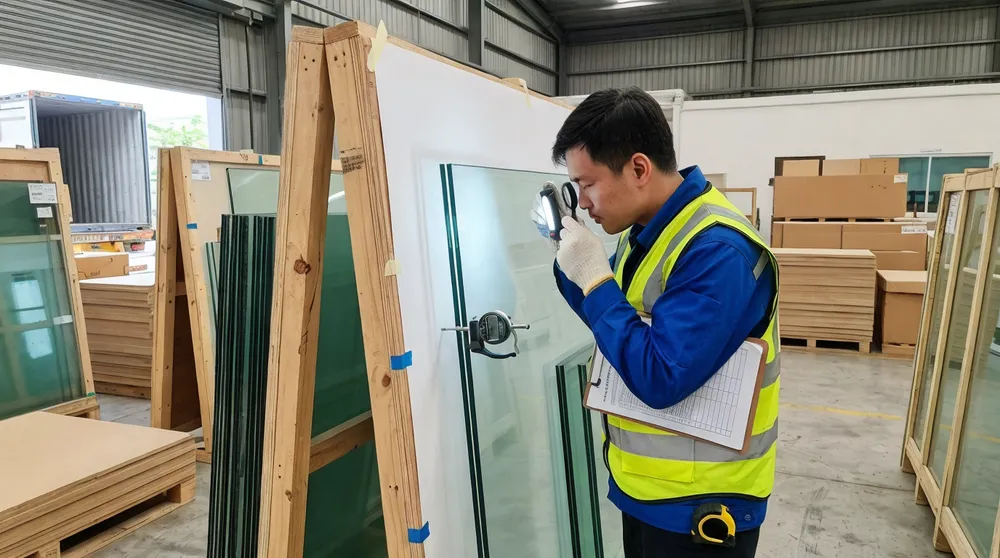 Quality inspector checking float glass batches for bubbles, inclusions, and thickness consistency at receiving dock