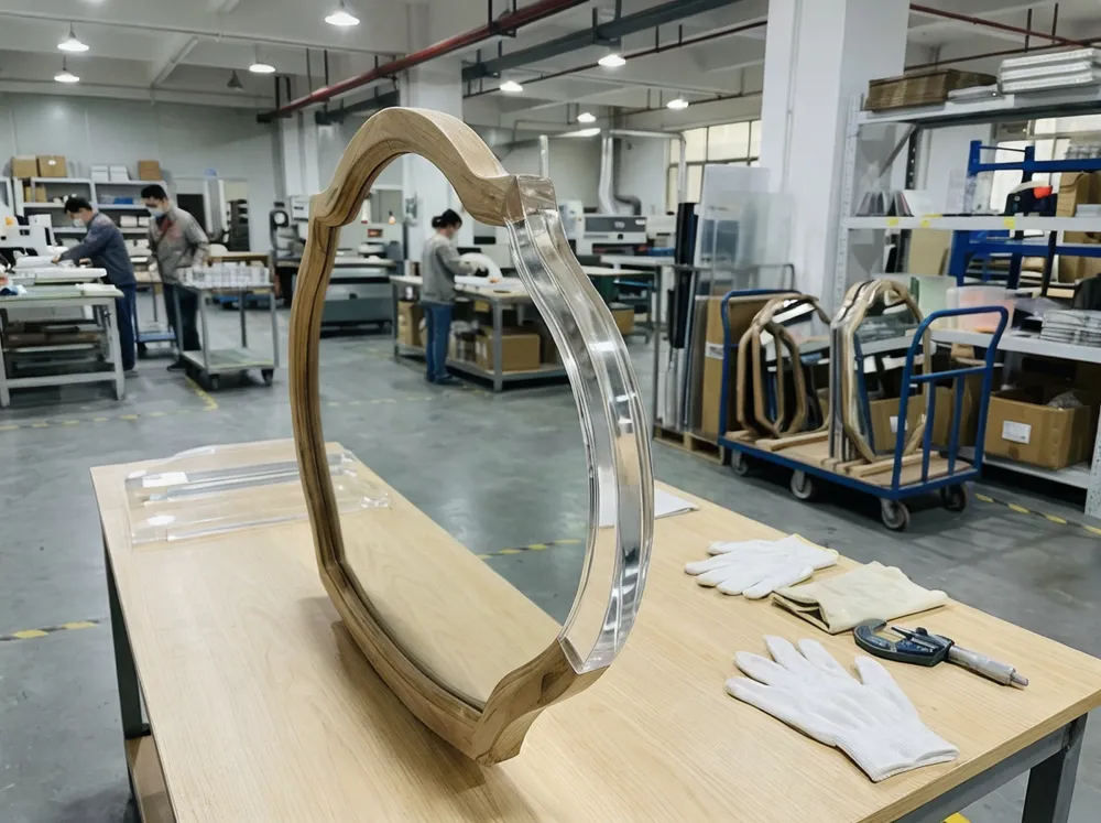 Cast acrylic decor mirror with hand-finished frame showing optical-grade edge clarity