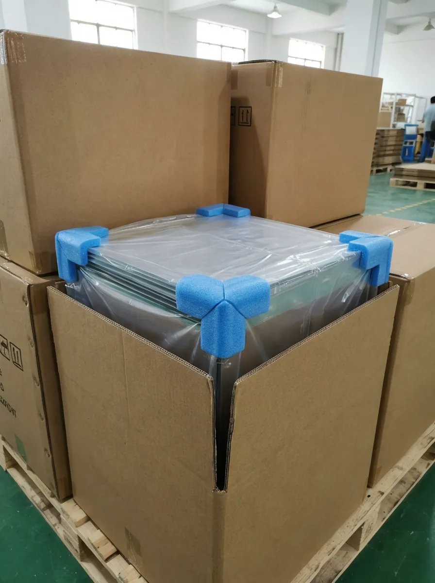 Acrylic mirror export packaging with PE foam corner protectors and corrugated carton