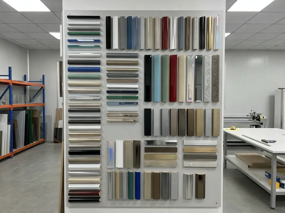 Acrylic mirror frame customization options showing various profiles, colors, and finishes