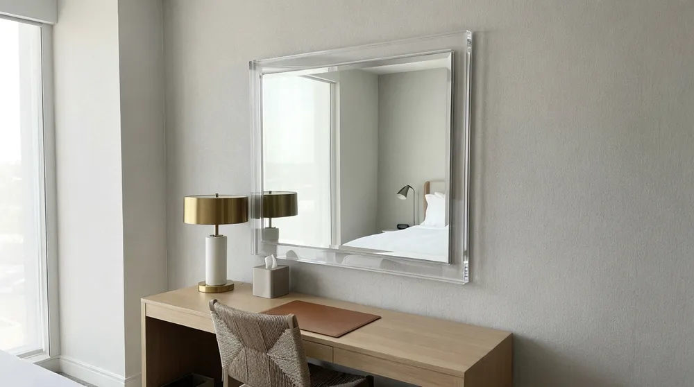 Acrylic framed mirrors installed in boutique hotel guest rooms