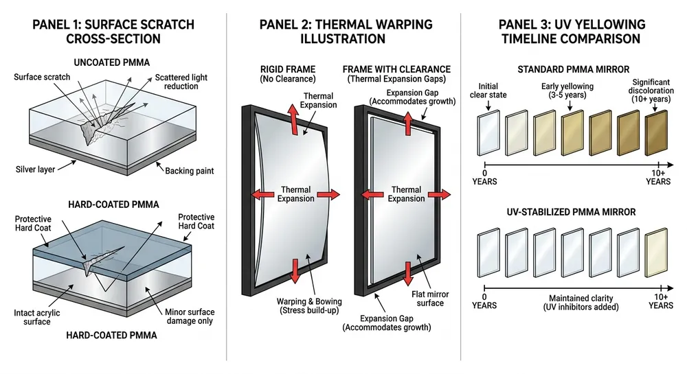 Diagram showing three common acrylic mirror failure modes: surface scratching, thermal warping, and UV yellowing with prevention methods