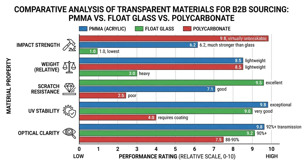 Comparison chart of PMMA acrylic, float glass, and polycarbonate mirror properties for B2B decor sourcing
