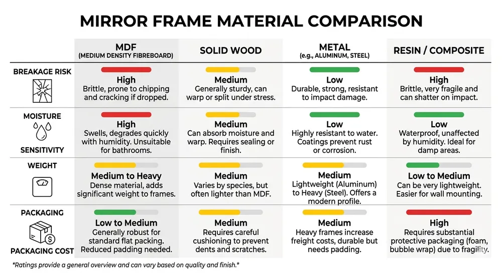Comparison chart of MDF, solid wood, metal, and resin mirror frame materials showing breakage risk, moisture sensitivity, and packaging cost for ocean freight