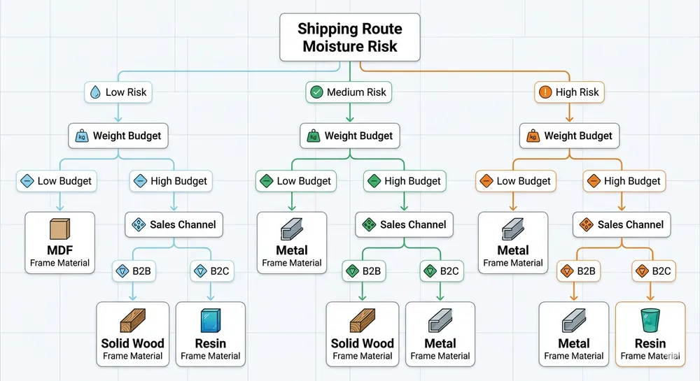 Frame Material Selection Decision Flow Decision flowchart for selecting decor mirror frame material based on shipping route moisture risk, weight budget, and sales channel