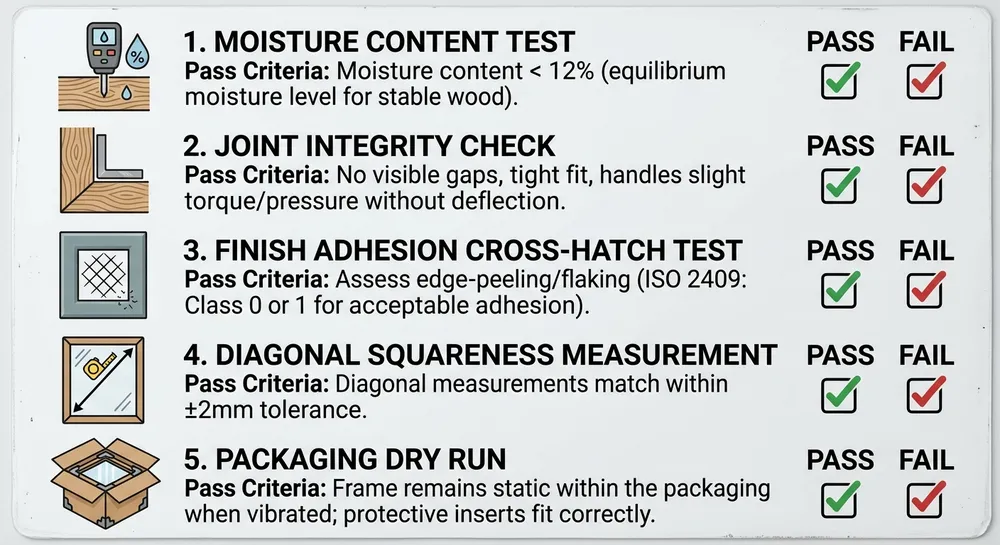 Frame Pre-Loading Inspection Checklist Pre-loading inspection checklist for decor mirror frames showing moisture, joint, finish, and dimensional checks before container packing