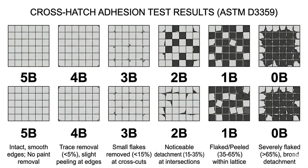 ASTM D3359 Adhesion Test Grades ASTM D3359 cross-hatch adhesion test grade scale from 0B to 5B showing progressive coating retention on mirror frame finish samples