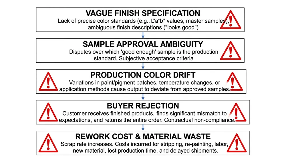 Flowchart showing how vague finish specs lead to sample mismatch, production drift, and rework costs in mirror frame OEM orders