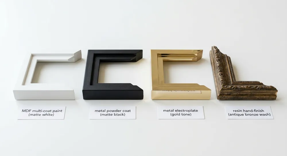 Four Mirror Frame Finish Methods Compared Side-by-side comparison of MDF multi-coat, metal powder coat, electroplate, and resin hand-finish on mirror frame samples