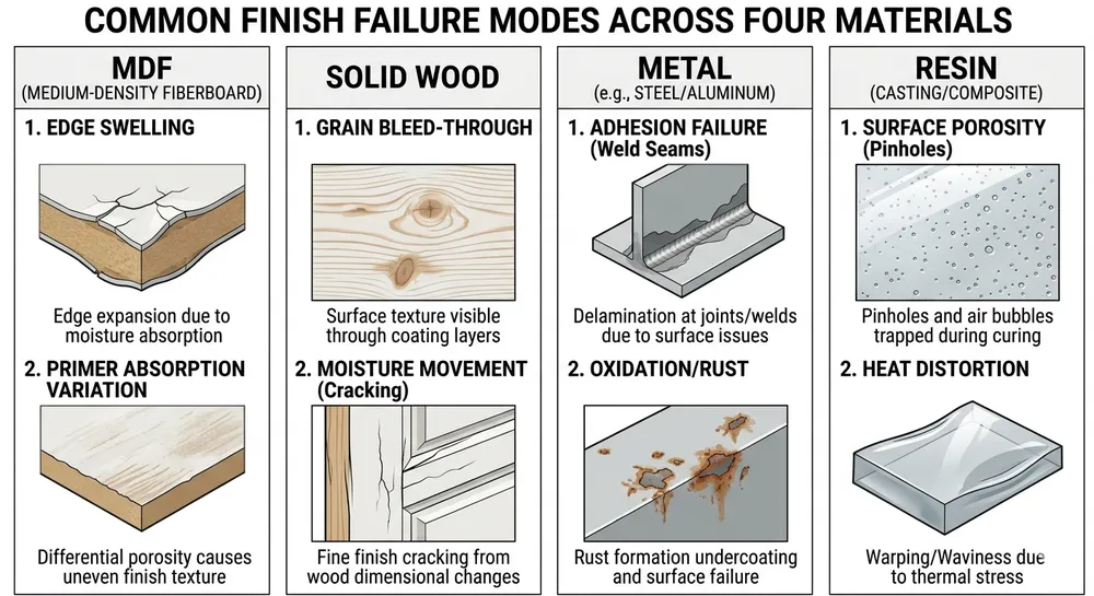 Diagram showing root causes of finish inconsistency on custom frame decor mirrors across MDF, wood, metal, and resin substrates
