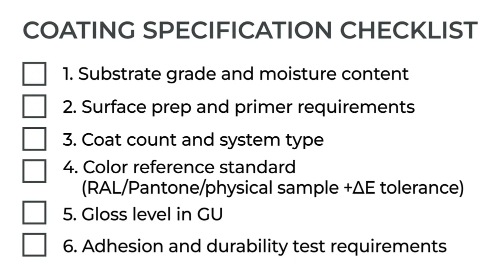 Frame Mirror Finish Specification Checklist Finish specification checklist for custom frame decor mirror orders covering substrate, primer, coat count, color reference, gloss level, and adhesion requirements