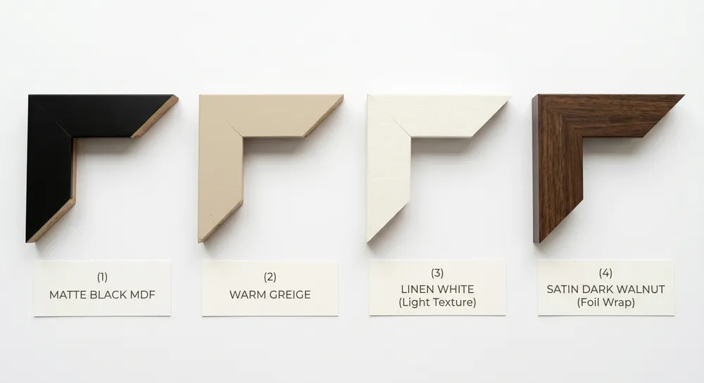 MDF mirror frame samples showing matte black, warm greige, and linen white finish options for US retail