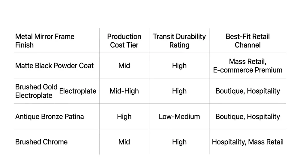 Comparison chart of metal mirror frame finishes showing durability, cost tier, and retail channel fit for matte black, brushed gold, antique bronze, and chrome