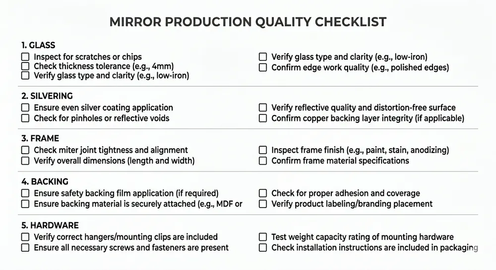 Visual checklist of framed mirror construction specs organized by category including glass, silvering, frame, backing, and hardware verification points