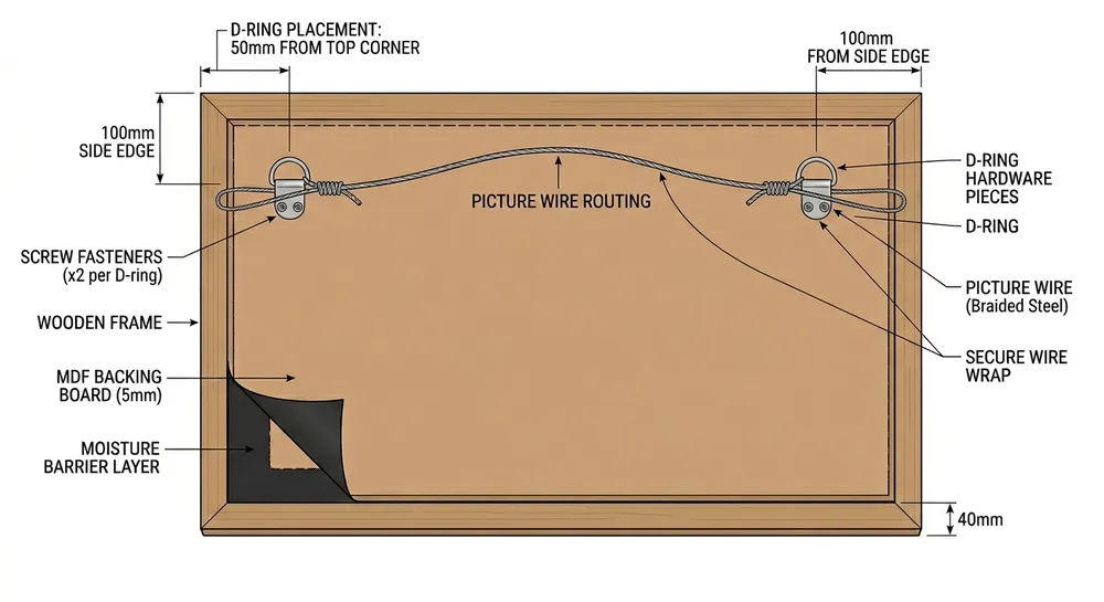Diagram showing framed mirror backing construction with labeled components including backing board, moisture barrier, D-ring hardware, and wire attachment points