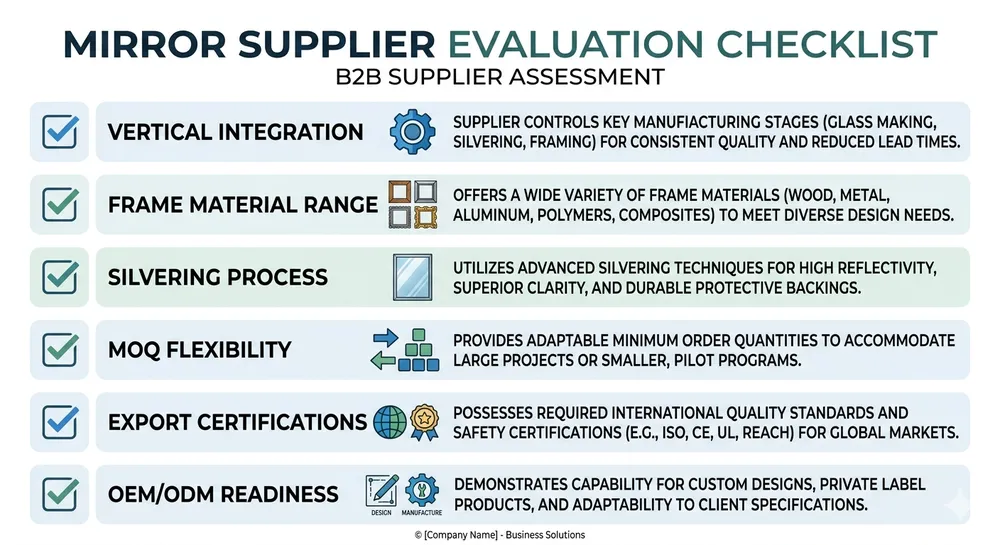Supplier evaluation checklist for framed decorative mirror manufacturers covering vertical integration, MOQ, certifications, and OEM capability