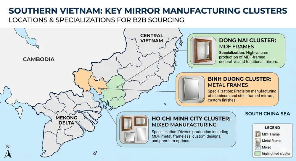 Overview map of Vietnam's main decorative mirror manufacturing clusters in Dong Nai, Binh Duong, and Ho Chi Minh City