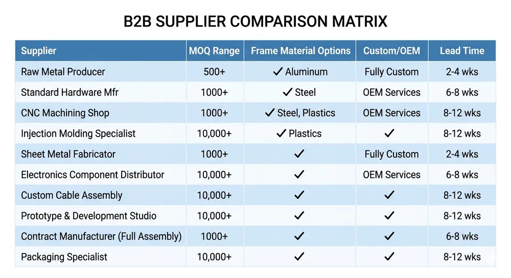Canadian Framed Mirror Wholesaler Comparison Matrix Comparison matrix of Canadian framed mirror wholesalers by MOQ, frame material range, customization, and lead time