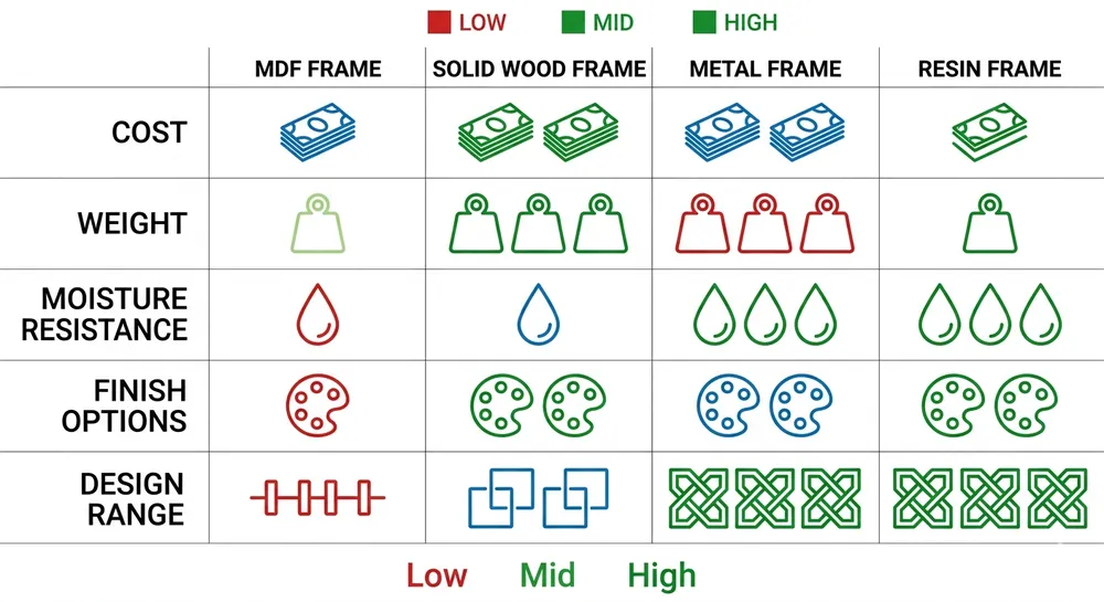 Decision matrix comparing MDF, wood, metal, and resin mirror frames across cost, weight, moisture resistance, and finish options