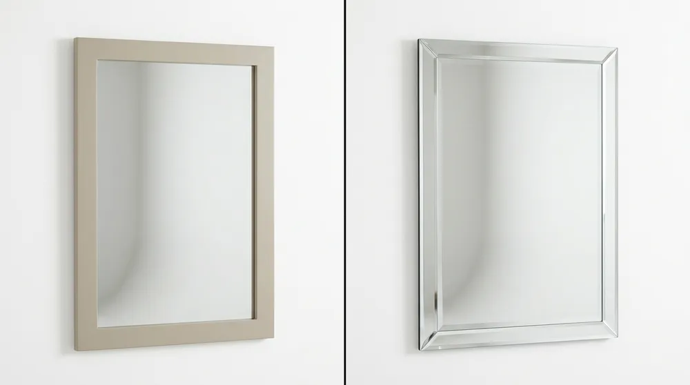 Side-by-side comparison of a framed decorative wall mirror with MDF frame and a frameless beveled edge mirror