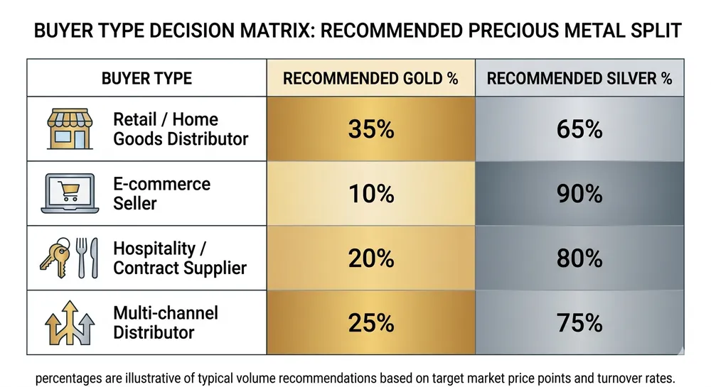 Gold vs Silver Mirror Assortment Split Decision Matrix Decision matrix showing recommended gold vs silver mirror assortment ratios by US sales channel and buyer type