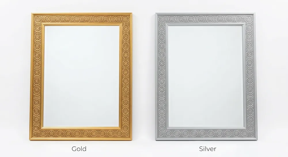 Side-by-side comparison of gold electroplated and silver powder-coated decorative mirror frames showing finish texture and color tone differences