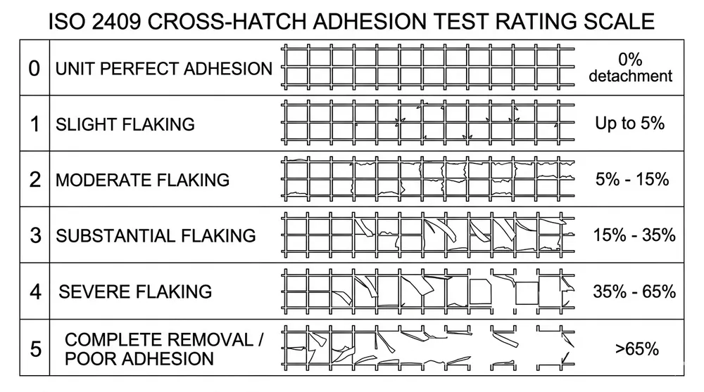 Cross-hatch adhesion test diagram showing ISO 2409 rating scale from 0 to 5 for mirror silver coating