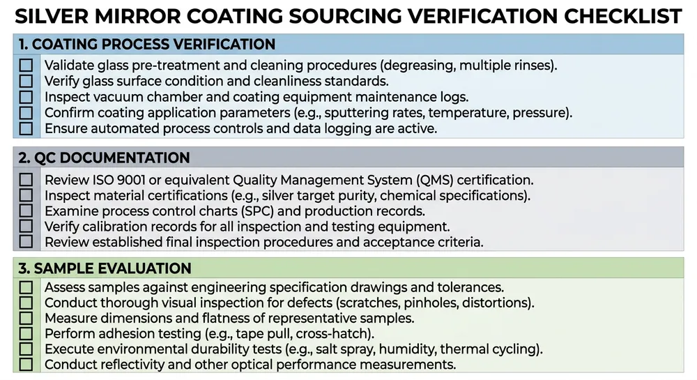Silver mirror coating sourcing checklist showing verification steps for B2B buyers evaluating suppliers