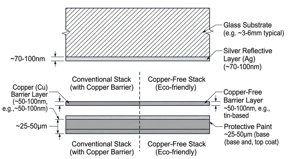 Cross-section diagram showing silver mirror coating layers including glass, silver layer, copper or copper-free barrier, and protective paint backing