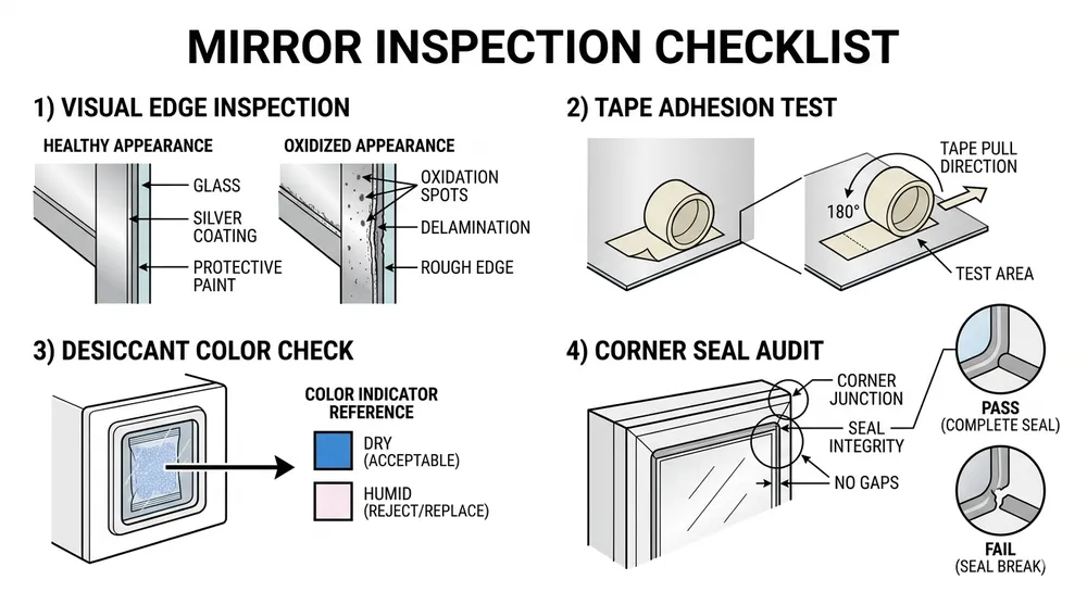 Incoming QC checklist for silver mirror shipments showing edge inspection, tape adhesion test, and desiccant check steps