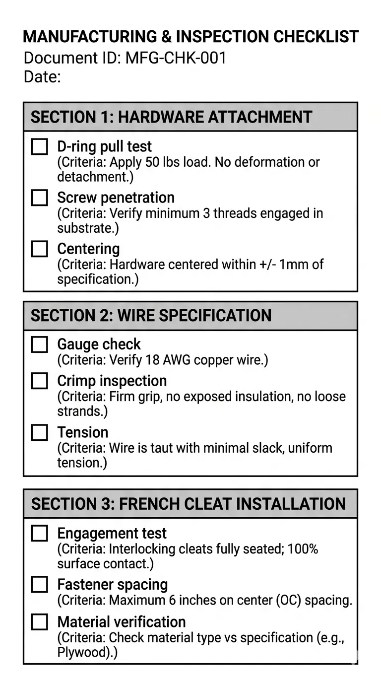 Mirror Mounting Hardware Pre-Shipment QC Checklist Pre-shipment QC inspection checklist for wall mirror mounting hardware covering D-ring pull test, wire gauge, French cleat fit, and documentation requirements