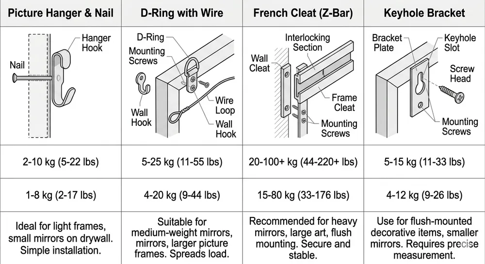 Wall Mirror Mounting Hardware Types and Load Ratings Comparison diagram of wall mirror mounting hardware types showing D-ring wire, French cleat, keyhole bracket, and Z-bar with load rating ranges