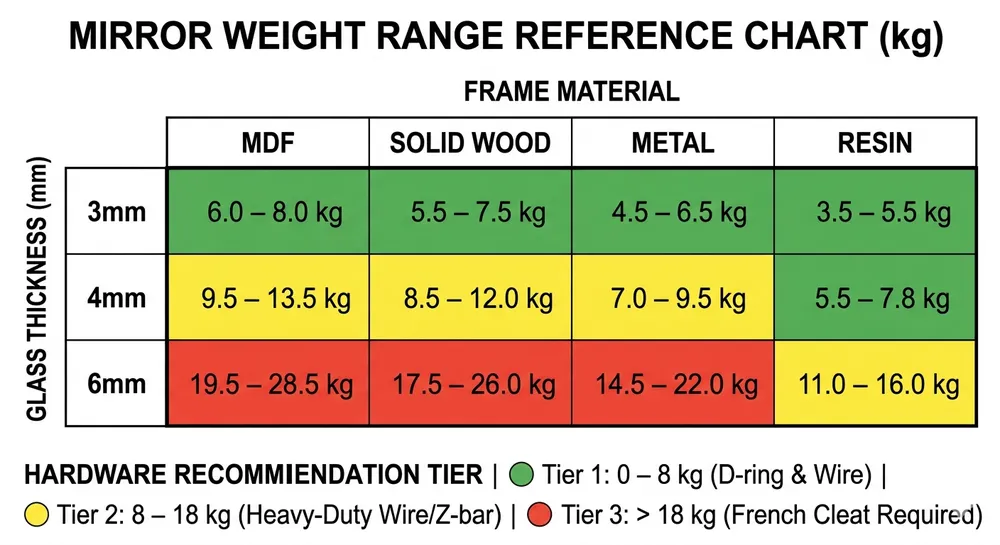 Reference chart showing total hung weight ranges for wall decor mirrors by glass thickness (3mm, 4mm, 6mm) and frame material type