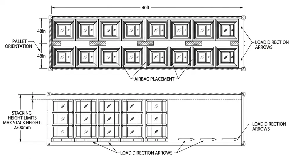 Container loading diagram for framed wall mirrors showing pallet orientation, stacking rows, and airbag dunnage placement in a 40ft container