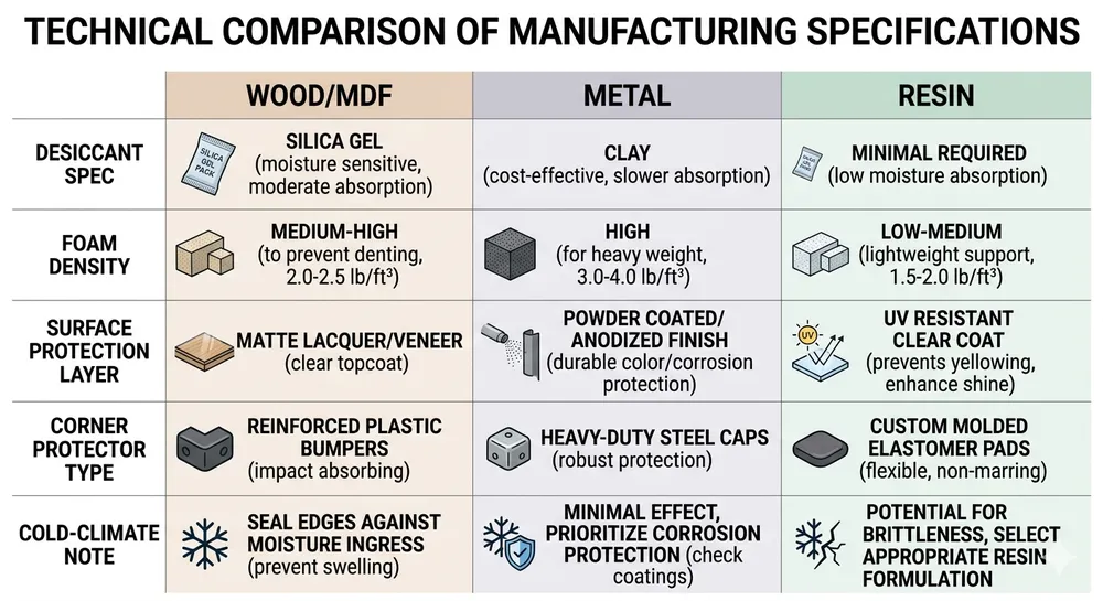Table comparing packaging adjustments for wood, metal, and resin mirror frames — showing desiccant, foam density, and surface protection differences