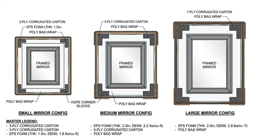 Cross-section diagram of wall mirror packaging layers for three size brackets — under 60cm, 60-100cm, and over 100cm — showing foam thickness, corner protector placement, and carton grade