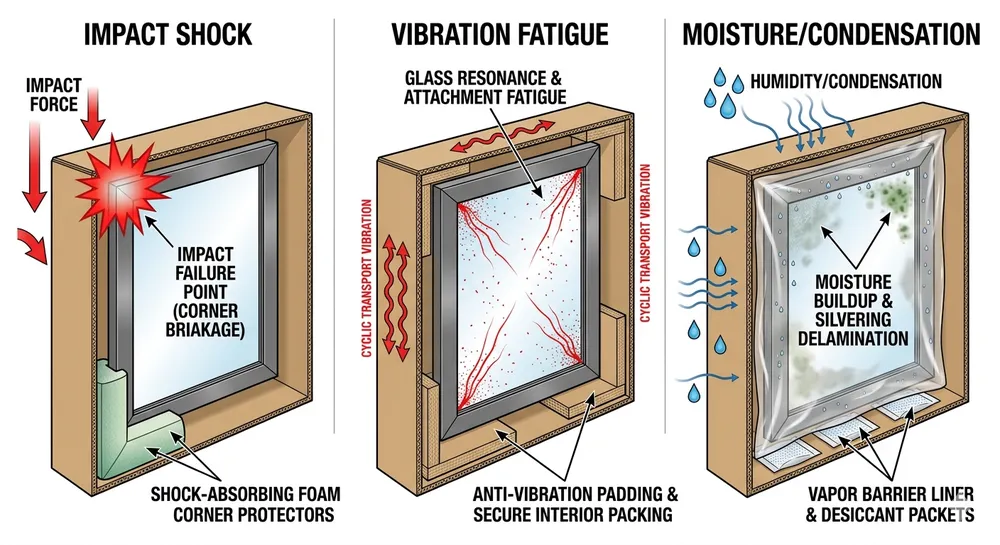 Diagram showing three mirror transit failure modes — impact shock, vibration fatigue, and moisture condensation — with packaging response for each