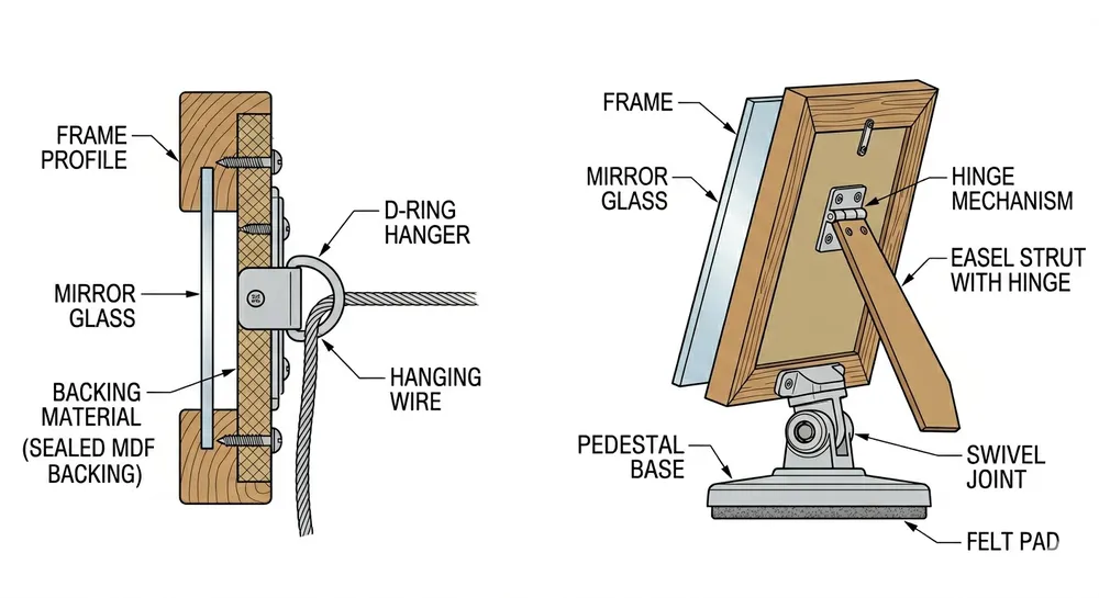 Side-by-side diagram showing wall mirror with D-ring hanger and sealed backing versus tabletop mirror with easel strut and pedestal base