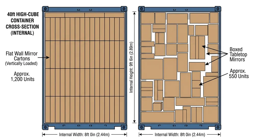 Pallet loading diagram comparing flat-packed wall mirrors versus boxed tabletop mirrors showing container space utilization difference