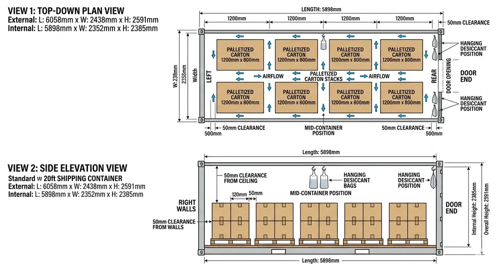 Container loading diagram showing desiccant bag placement and carton stacking clearance for wood mirror frame export