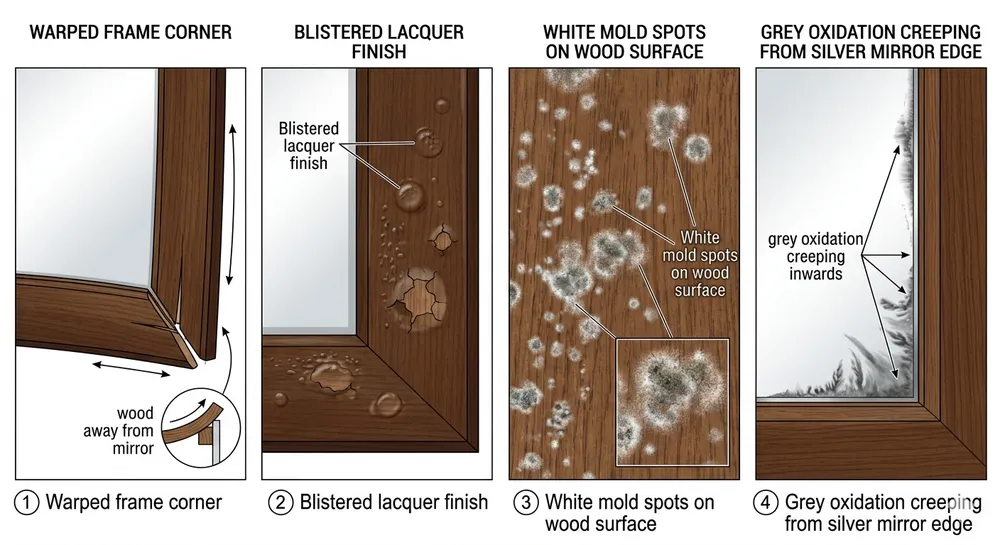 Four types of moisture damage on wood mirror frames — warping, finish blistering, mold growth, and silver edge oxidation