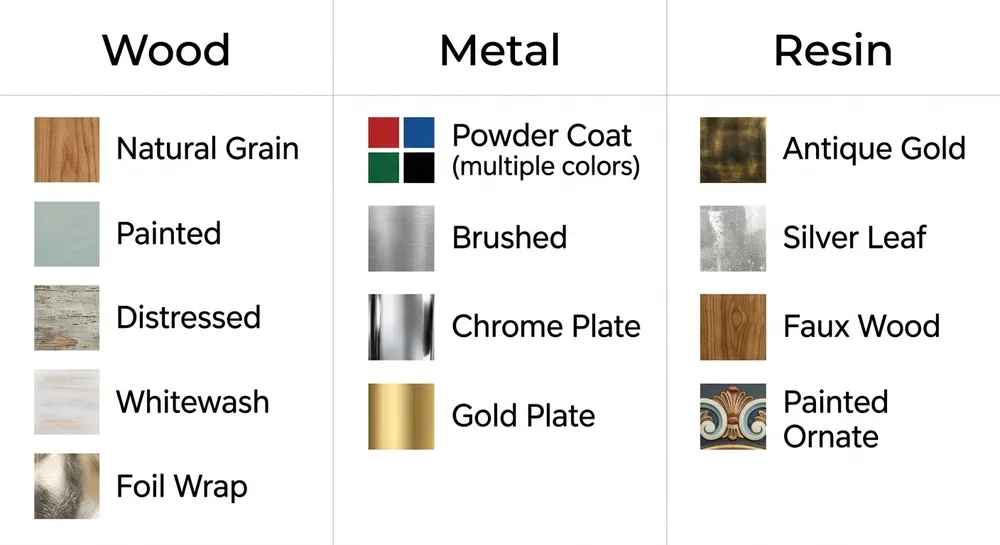 Visual matrix showing available finish types for wood, metal, and resin mirror frames side by side