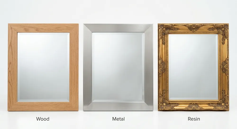 Side-by-side comparison of wood, metal, and resin mirror frames showing different finishes and profiles
