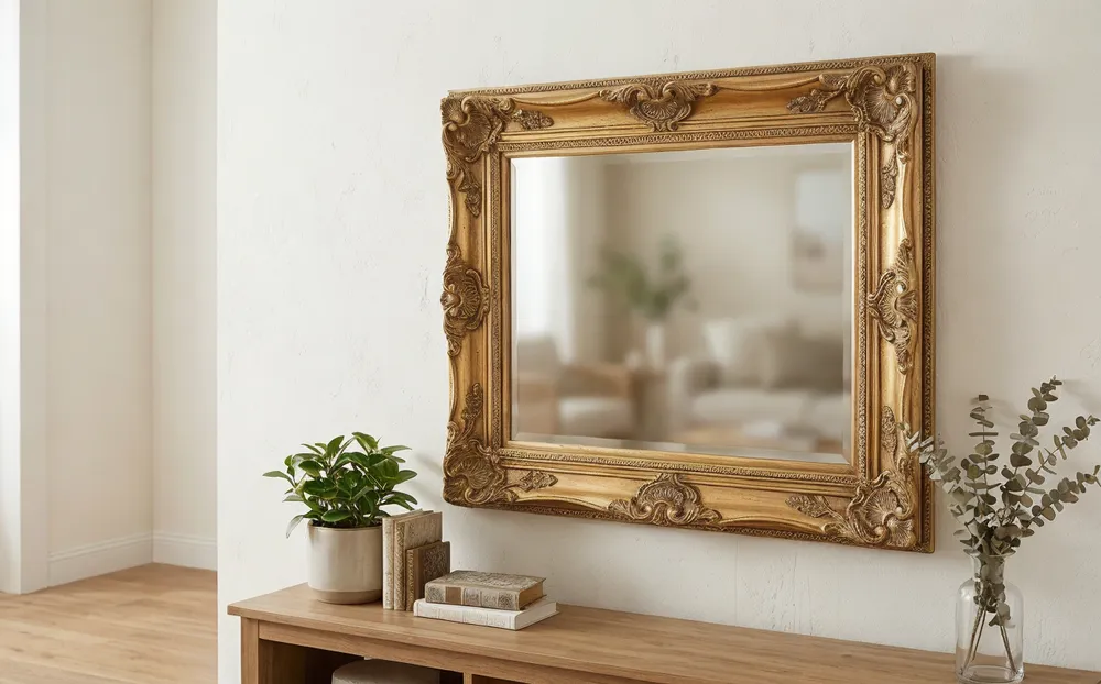 Ornate gold frame mirror displayed in home decor e-commerce setting