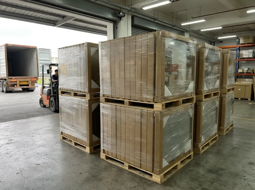 Palletized frame decor mirrors with protective packaging ready for container loading