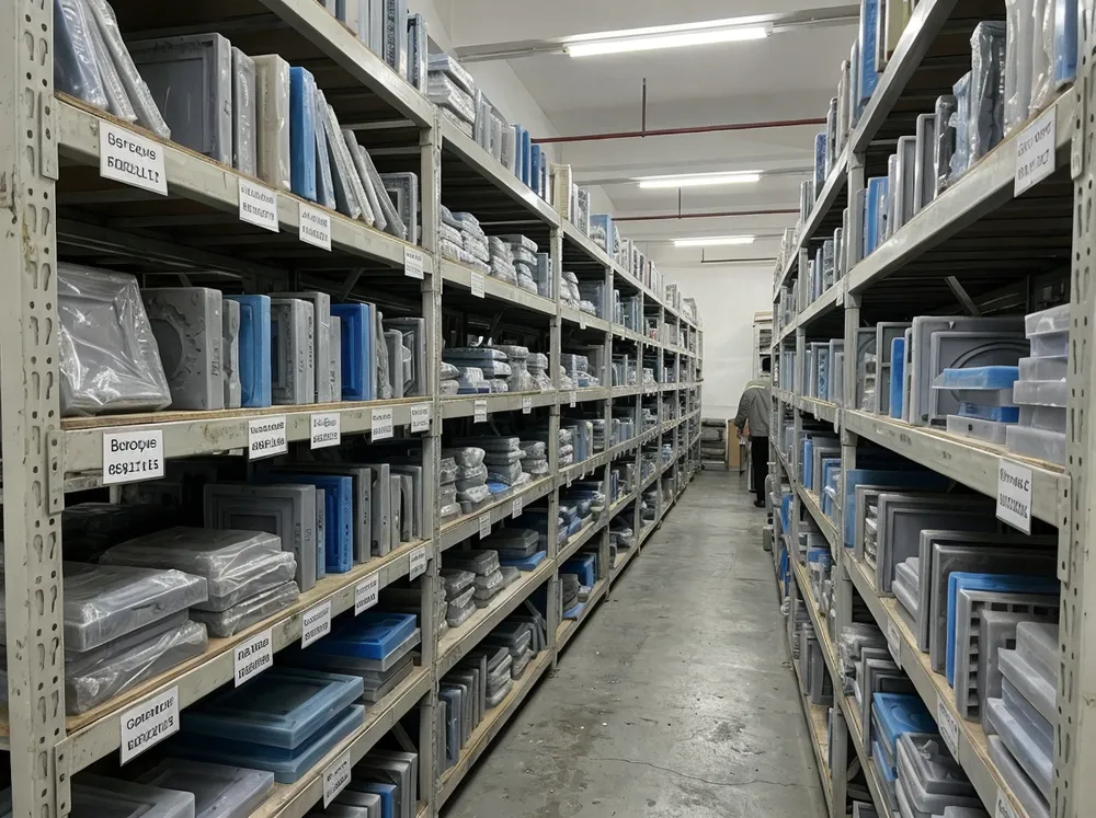 Industrial mold storage facility with organized racks of silicone frame molds