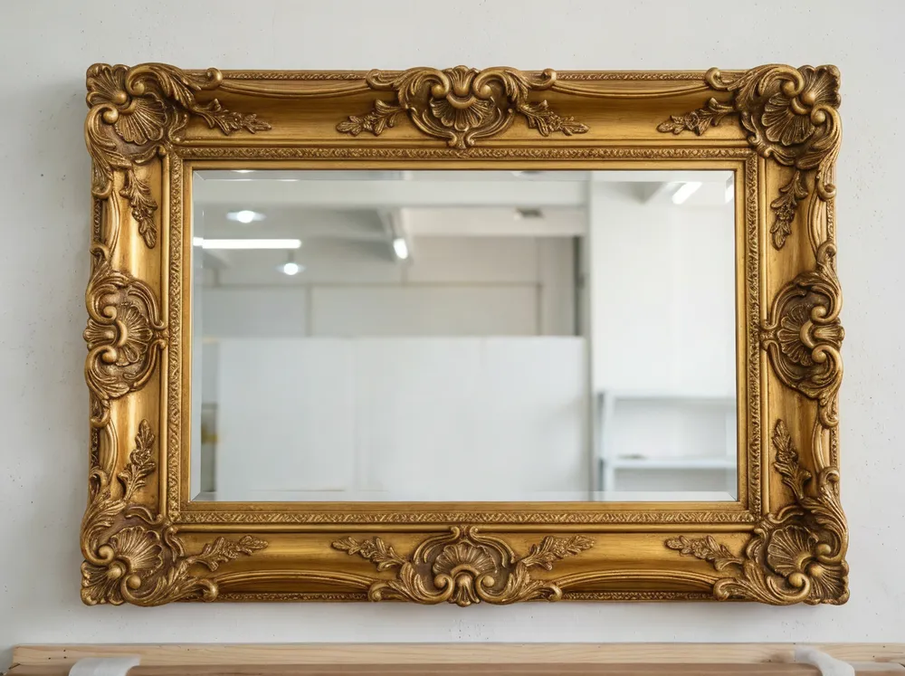 Ornate resin-cast baroque frame mirror with gilded finish